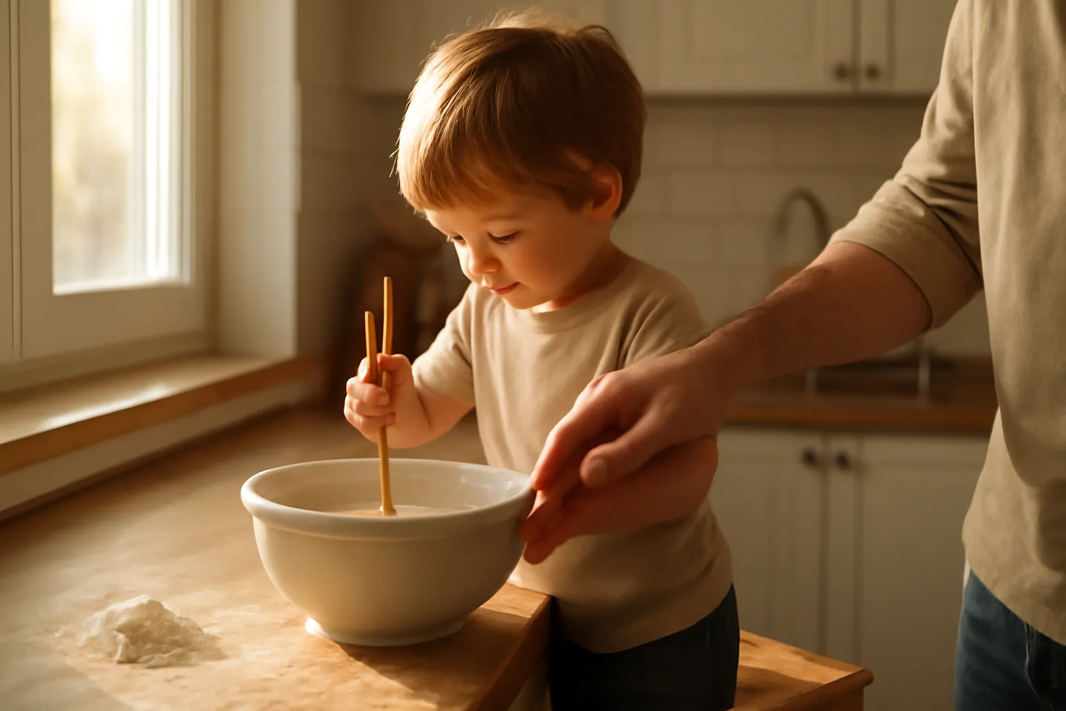 Trẻ đứng ghế bên bàn bếp trộn bột trong tô cùng người lớn