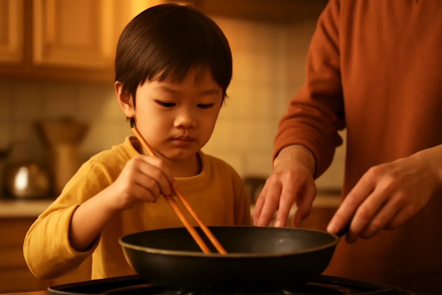 Trẻ đứng cạnh bếp với người lớn, tay cầm đũa đảo trong chảo
