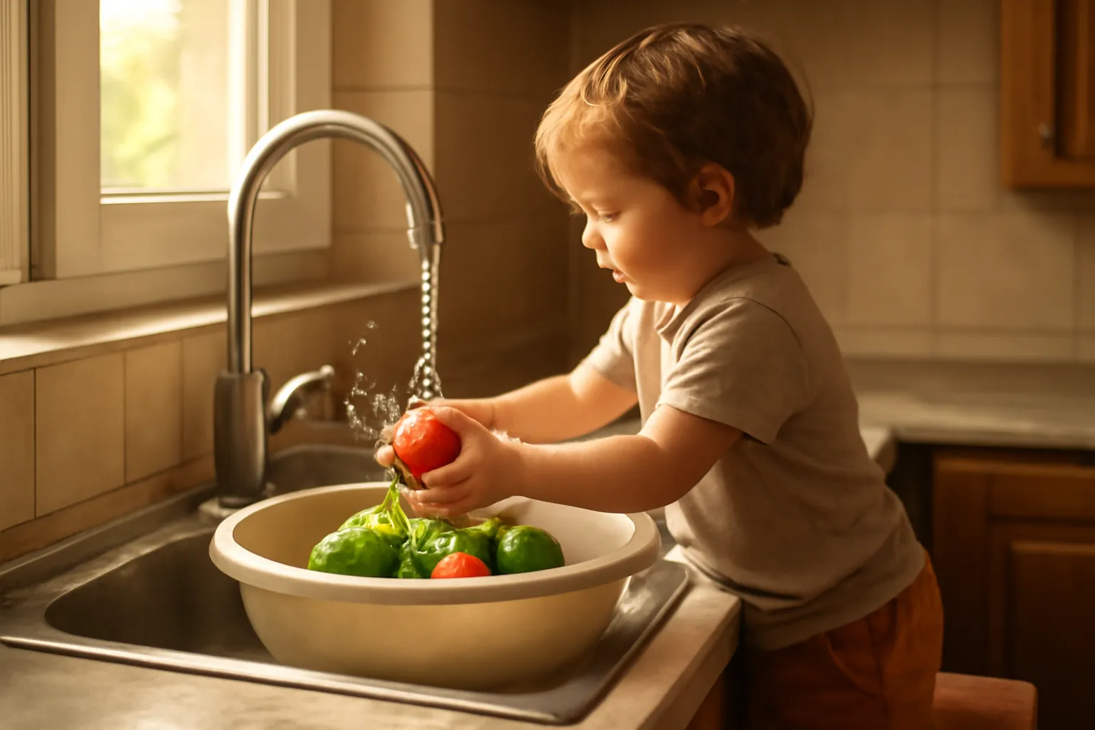 Trẻ nhỏ đứng ghế rửa rau trong chậu tại bồn bếp