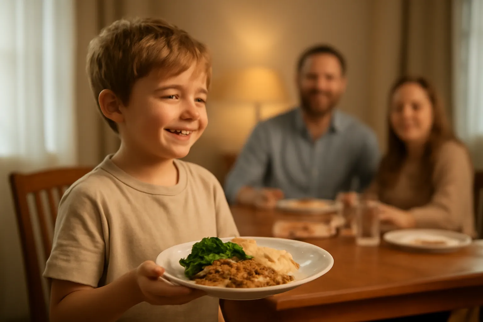 Trẻ bưng đĩa món mình vừa nấu ra bàn với vẻ mặt tự hào
