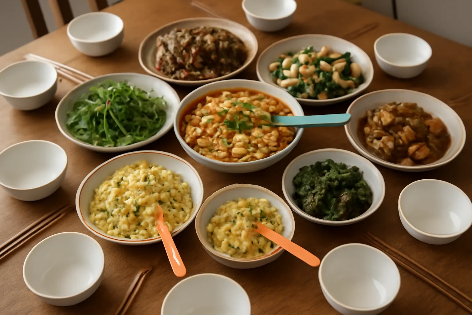 Mâm cơm có nhiều đĩa, vài đĩa đánh dấu riêng bằng thìa màu khác