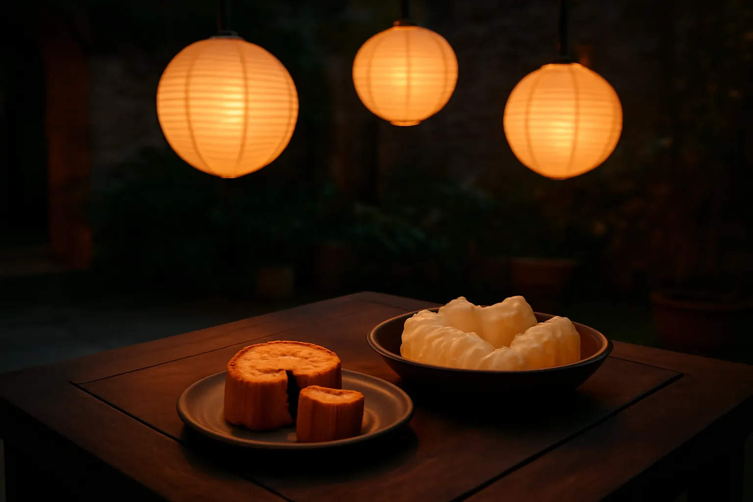 Mâm cỗ trông trăng ngoài sân với bánh nướng cắt miếng, bưởi bóc múi và đèn lồng giấy